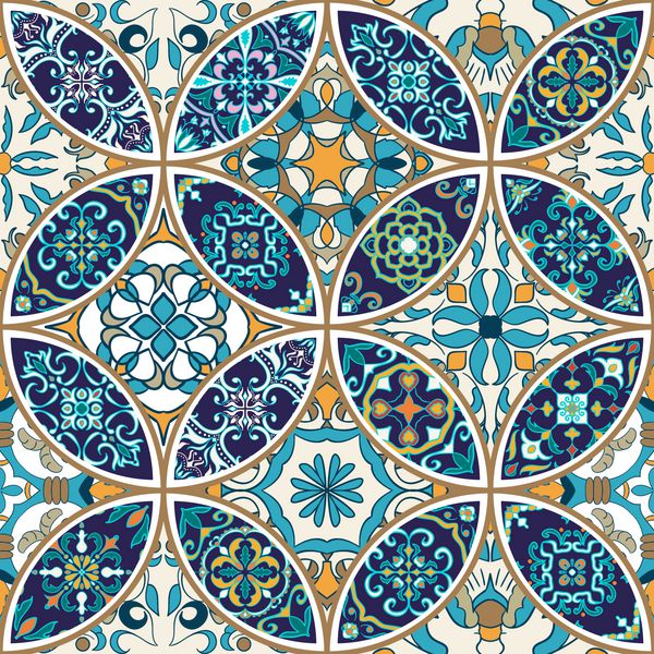 وکتور بدون درز بافت الگوی زیبا وصله دار برای طراحی و مد با عناصر تزئینی کاشی های پرتغالی Azulejo زیور آلات مراکش