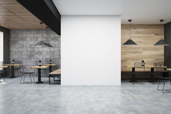 فضای داخلی کافه دیوار چوبی و خاکستری تیره با یک قطعه بزرگ دیوار سفید در مرکز و لامپ های روغنی قدیمی روی میزهای چوبی مربع رندر سه بعدی را مسخره کنید
