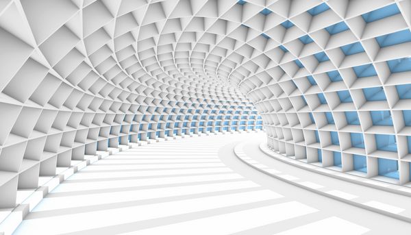 تونل سفید چکیده با پنجره های مستطیل آبی تصویر 3D رندر