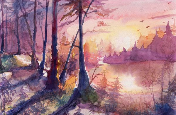 نقاشی منظره جنگل رنگی آب هنر آبرنگ