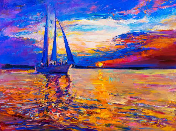 رنگ روغن روی بوم غروب خورشید بر فراز دریا و قایق بادبانی هنر مدرن
