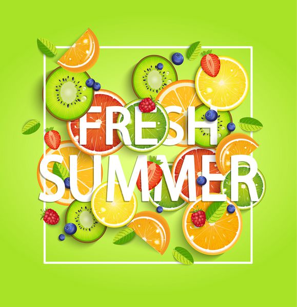 زمینه تابستانی با میوه ها و انواع توت ها قاب مربع و حروف تازه تابستان کپی شایع