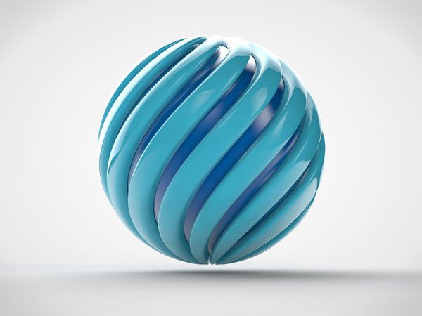 تصویر کره ای که به وسیله روبان های مارپیچ آبی شکل گرفته است در داخل آن توپ آبی قرار دارد ایده هارمونی و کمال موفقیت و سعادت رندر سه بعدی در زمینه سفید