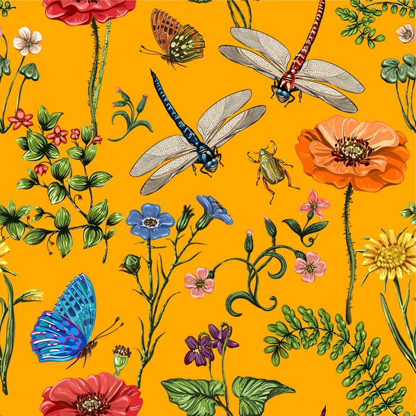 الگوی بدون درز تابستانی کاغذ دیواری گیاه شناسی گیاهان حشرات گلها به سبک پرنعمت پروانه ها اژدها سوسکها و گیاهان به سبک پرووانس