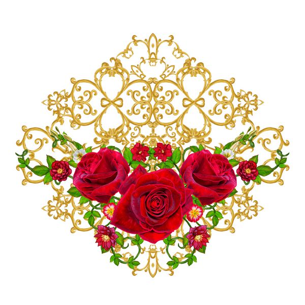 فرهای بافت طلایی arabesques سبک شرقی توری درخشان گلهای تزیینی ظرافت بافی ظریف گل سرخ از گل رز قرمز مخملی تیره