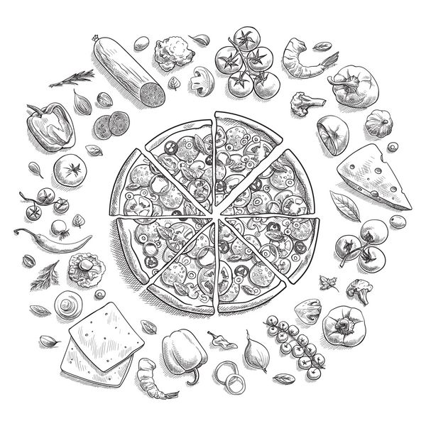 مجموعه ای از ترکیبات پیتزا به سبک doodle که بر روی زمینه سفید جدا شده اند