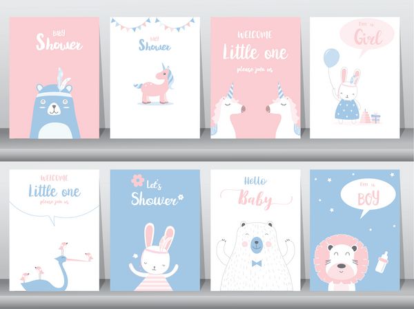 مجموعه کارتهای دعوت دوش کودک پوستر تبریک الگوی حیوانات تصاویر برداری