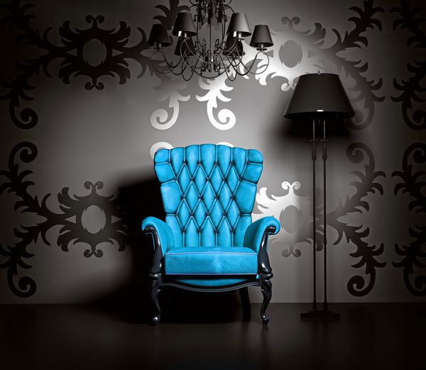 صحنه داخلی سه بعدی با صندلی کلاسیک آبی و لامپ
