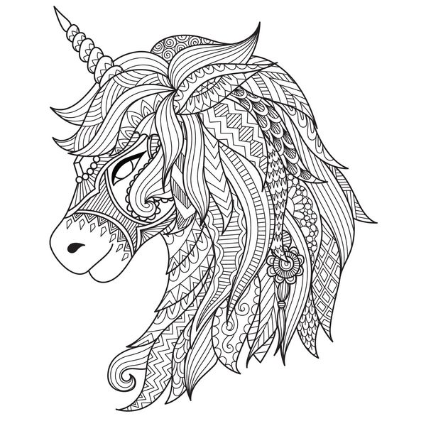 رسم سبک zentangle تک شاخ برای رنگ آمیزی کتاب طراحی پیراهن آرم علامت تصویر سازی شده از اسب شاخدار تصویر برداری