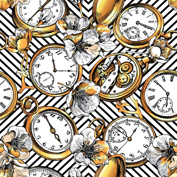 الگوی یکپارچه با تصویر ساعتهای جیبی جیبی و گلهای گیلاس بر روی زمینه هندسی تصویر برداری