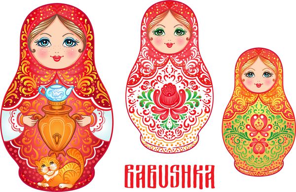 Babushka matryoshka عروسک آشیانه چوبی سنتی روسیه که با گلهای تزئین شده تزئین شده است هنرهای مردمی و صنایع دستی تصویر برداری به سبک کارتونی که به رنگ سفید جدا شده است سوغات یکپارچهسازی با سیستمعامل از روسیه