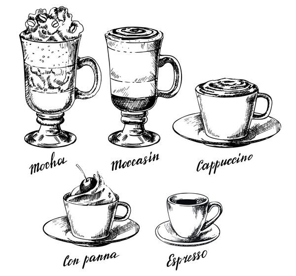 تصویر برداری دستی وکتور انواع مختلفی از نوشیدنی های قهوه موکا موکاسین کاپوچینو کن پانا و عناصر طراحی اسپرسو برای منو بنر پوستر