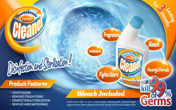 تبلیغات پاک کننده توالت محصول پاک کننده قدرتمند با مایع شستشوی آبی و حباب ها در تصویر سه بعدی