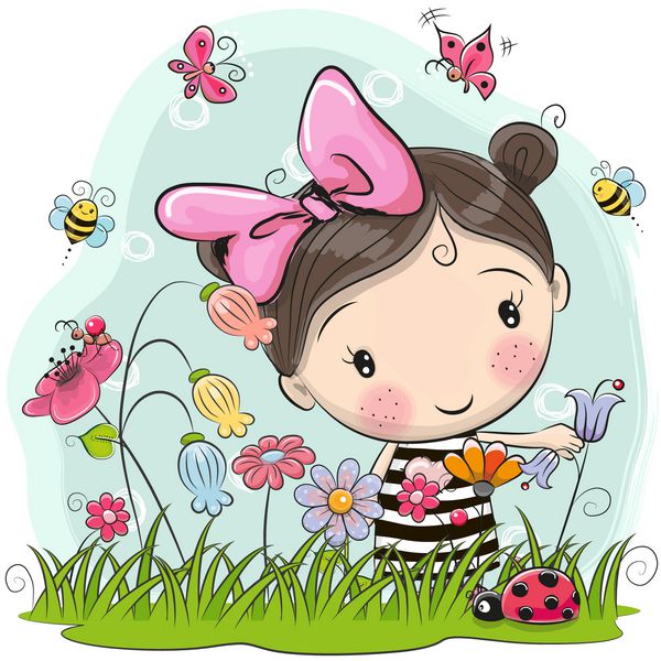 کارتون ناز دختر روی یک علفزار با گل و پروانه