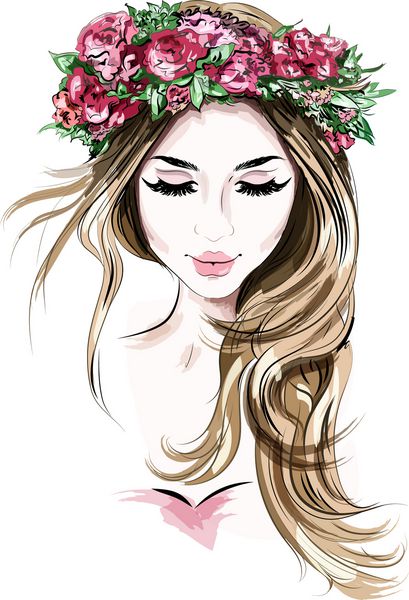 دستی زن جوان زیبا در تاج گل دختر ناز با موهای بلند طرح تصویر برداری