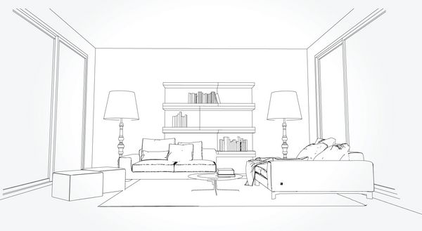 طرح خطی داخلی برنامه اتاق نشیمن مجموعه مبل طرح Sketch Line تصویرخط چشم انداز طراحی نقشه از فضای داخلی رنگ و رنگ آمیزی