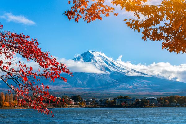 کوه فوجی ژاپن از دریاچه کاواگوچیکو در پاییز