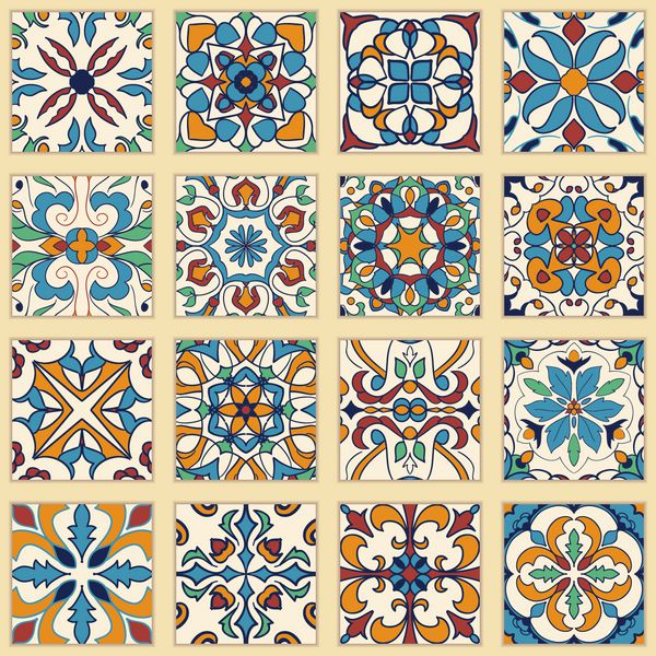 مجموعه وکتور کاشی های پرتغالی مجموعه الگوهای رنگی برای طراحی و مد زیورآلات Azulejo Talavera اسپانیایی مراکش