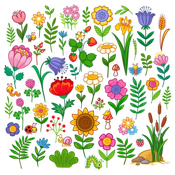 وکتور مجموعه با گل مجموعه گل از حشرات و گیاهان در سبک کارتونی کودکان amp x27؛