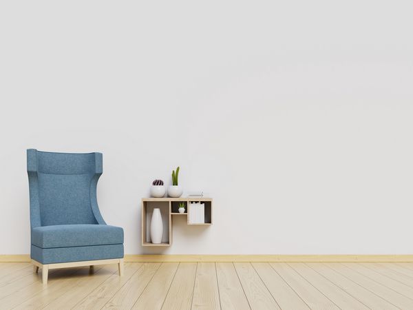 مدل اتاق نشیمن اتاق نشیمن با صندلی آبی و زمینه سفید دیواری رندر سه بعدی