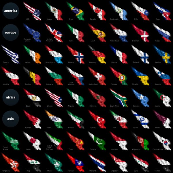 مجموعه بزرگ پرچم های اروپا آفریقا و آمریکا بر روی بال 60 پرچم جهان