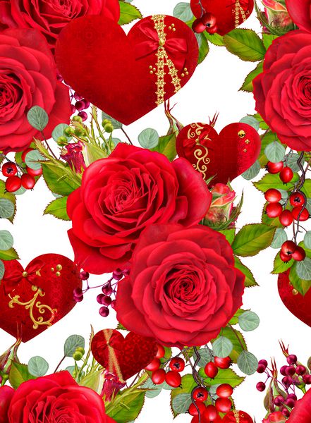 الگوی بدون درز گل گل آرایی گلهای گل گلهای سرخ روشن انواع توتهای سبز برگها ارقام به شکل قلب دوستداران روز ولنتاین و x27؛ s