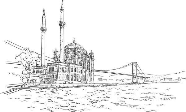 طرح وکتور نقاشی مشهور برج ترکی مسجد اورتاکوی در استانبول و پل بسفر تصویر کشیده دستی 06 نوامبر 2017