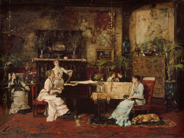 THE MUSIC ROOM توسط Mihaly Munkacsy 1878 نقاشی مجارستانی روغن روی چوب یک مهمانی موزیکال شیک در خانه هنرمندان پاریس در خیابان دویلیز برگزار می شود Munkacsy در یورو مرکزی آموزش دیده است