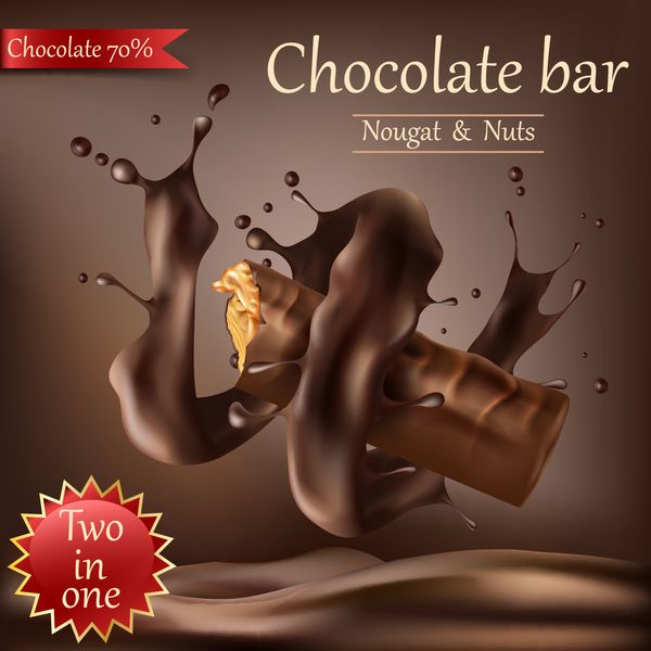 شکلات شیرین واقع گرایانه با نگات آجیل و کارامل بسته بندی شده در شکلات ذوب شده مارپیچی جدا شده بر روی قهوه ای تبلیغات شکلات عنصر طراحی بسته بندی الگوی پوستر تبلیغاتی