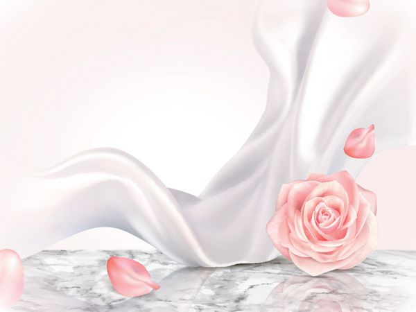 پس زمینه تزئینی زیبا گلبرگهای گل رز و عناصر نوعی سفید گل مروارید روی میز مرمر در تصویر 3 بعدی