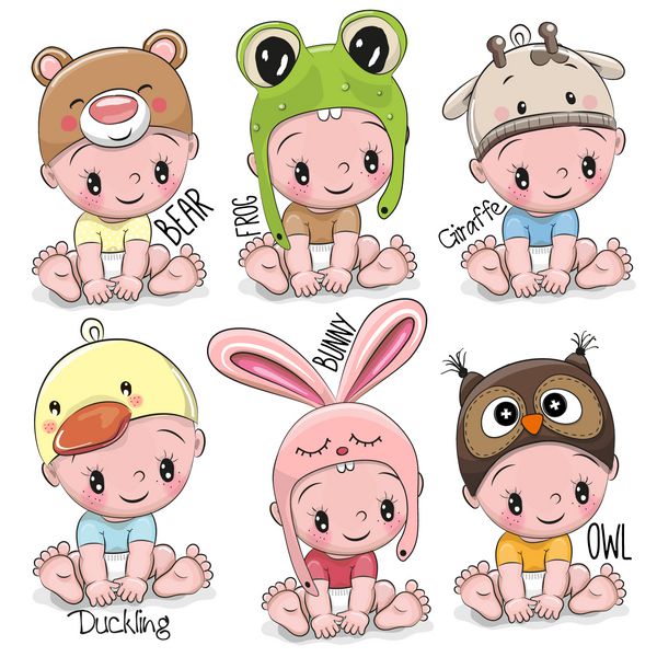 مجموعه بچه های کارتونی زیبا در کلاه حیوانات مختلف