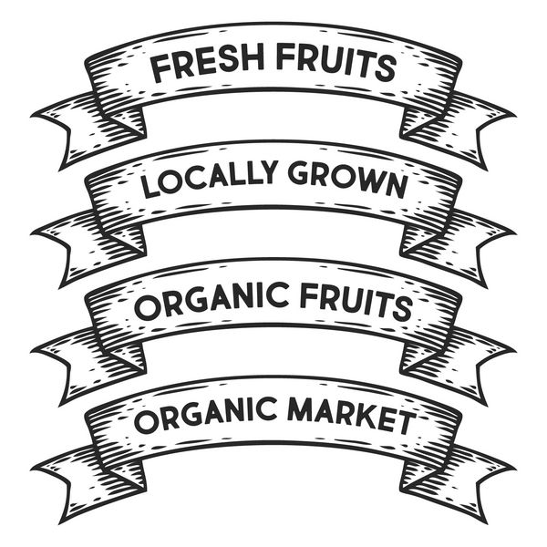 بازار ارگانیک میوه ای روبان نماد نشان نشان میوه های محلی رشد یافته علامت حکاکی مجموعه تک رنگ تک رنگ جدا شده است طراحی طرح سبک یکپارچهسازی با سیستمعامل دست کشیده شده