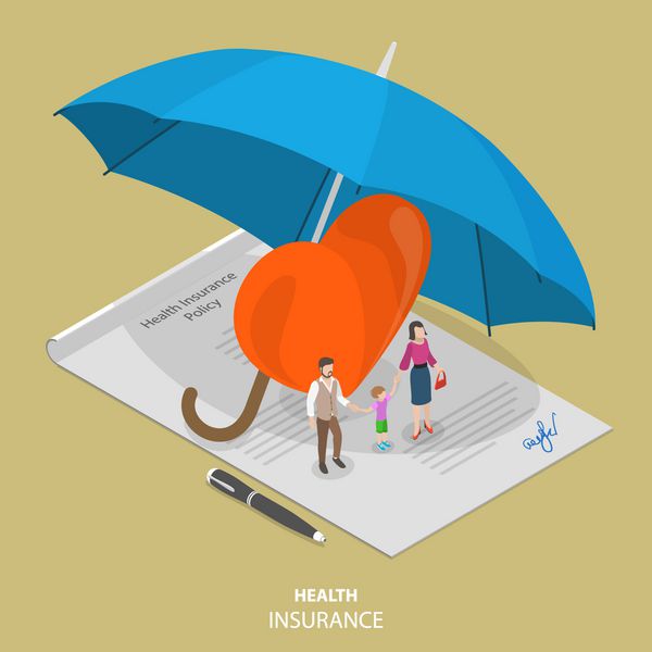 مفهوم وکتور ایزومتریک مسطح بیمه درمانی مردم روی بیمه نامه درمانی امضا شده ایستاده اند در نزدیکی آنها یک نماد بزرگ قلب وجود دارد و تمام این عناصر تحت پوشش چتر بزرگ هستند