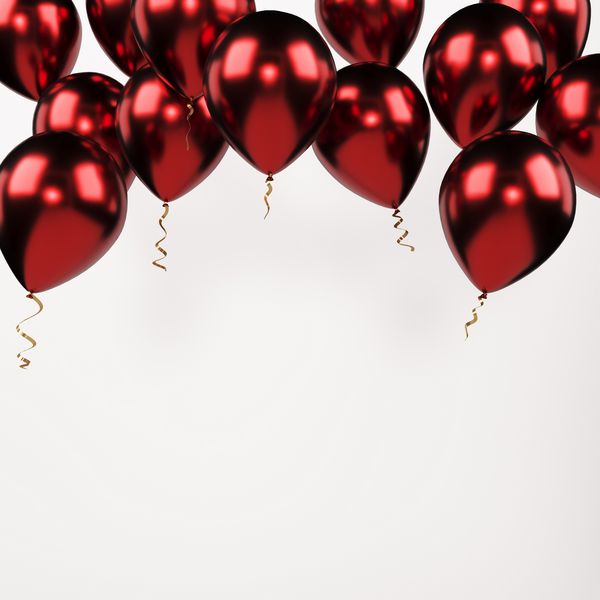 رندر سه بعدی دسته پرواز از سه بادکنک فلزی قرمز دکوراسیون زیبا برای تعطیلات