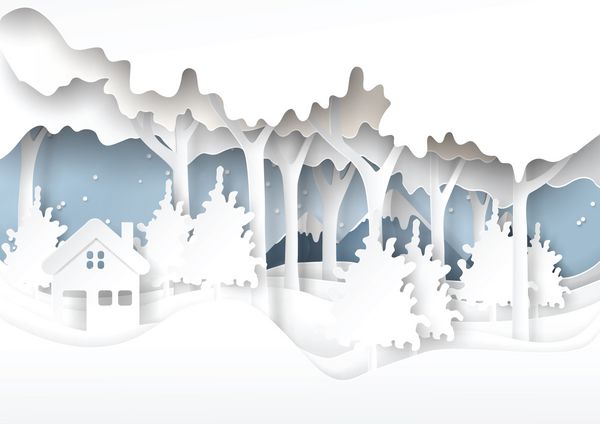 چشم انداز طبیعت و حومه شهر در زمستان برفی برای کریسمس مبارک و سبک هنری کاغذ سال نو مبارک تصویر زمینه
