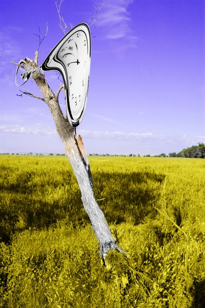 یک تصویر الهام گرفته از دالی از ساعت در حال ذوب شدن بر روی یک درخت مرده