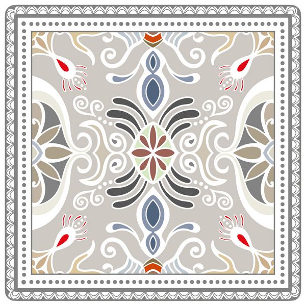 تزئینات تزئینی رنگارنگ بر روی یک پس زمینه سفید الگوی متقارن با قاب توری doodle دکوراسیون قومی قومی قبیله ای شال باندانا چاپ پارچه سفره روسری ابریشم طرح ترشی