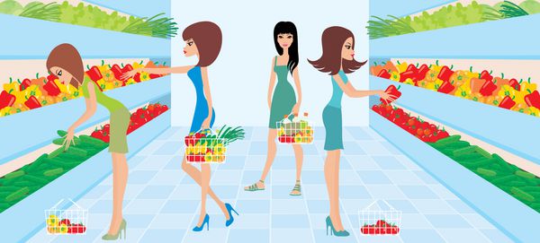 زنان سبزیجات را در یک سوپر مارکت انتخاب می کنند بردار بدون شیب