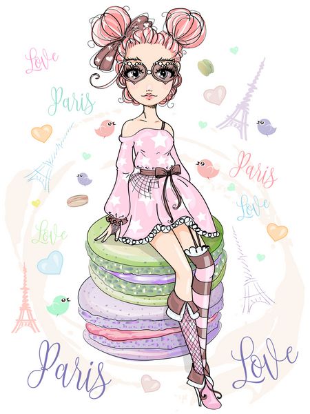 دختر کوچولوی ناز در مورد سفر به پاریس پرتره نوجوان سبک و سبک عاشقانه پس زمینه زندگی پاریس با برج ایفل قلب ها پرندگان و ماکارون ها آرایش تصویر برداری