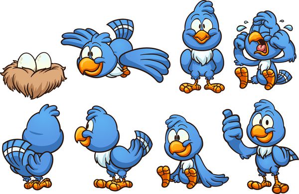 پرنده آبی کارتونی در موقعیت های مختلف تصویر برداری کلیپ وکتور با شیب ساده بعضی از عناصر روی لایه های جداگانه
