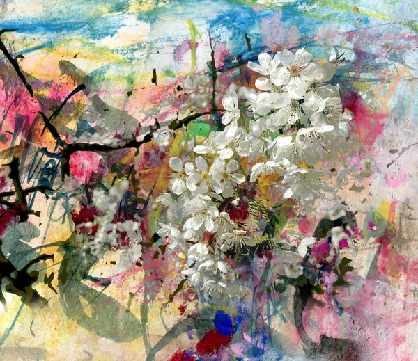 گل های بهاری روی سیب نقاشی انتزاعی و تکنیک ترکیبی