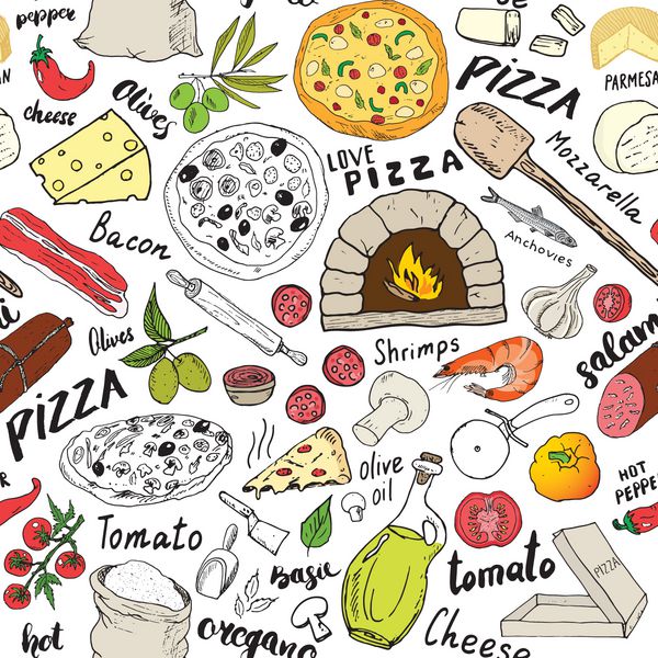 طرح بدون درز پیتزا طرح کشیده شده با دست پس زمینه غذاهای پیتزا با آرد و سایر مواد غذایی اجاق گاز و وسایل آشپزخانه تصویر برداری