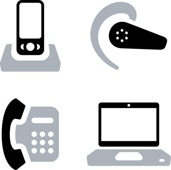 آیکون های برداری دو رنگ از ابزارهای ارتباطی تلفن همراه با ایستگاه اسناد هدست تلفن اداری و لپ تاپ