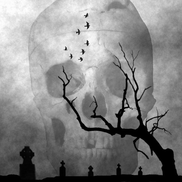 تصویر شبح وار از گورستان در یک شب مه آلود زمینه هالووین ایده آل