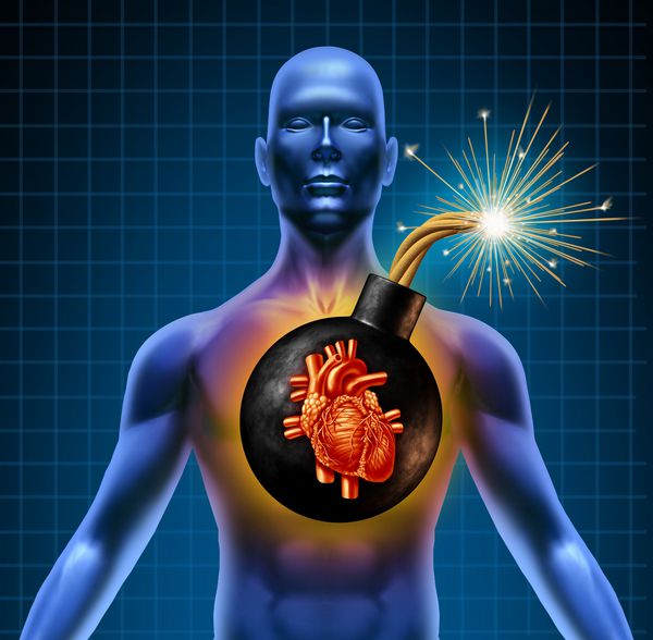 بمب حمله قلبی انسان به عنوان نمادی از مشکلات فوری سلامت به دلیل ضعف کلسترول و رژیم غذایی بد خوردن غذاهای بدون چربی بدون چربی