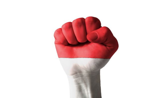 تصویر کم کلید از یک مشت که به رنگ پرچم اندونزی رنگ شده است