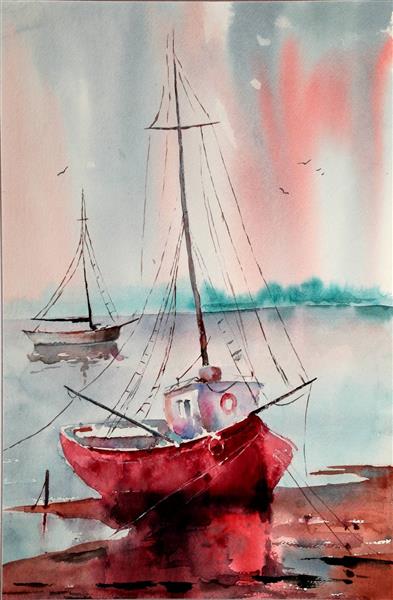 لنگرگاه قایق نقاشی قایق بادبانی قرمز آبرنگ