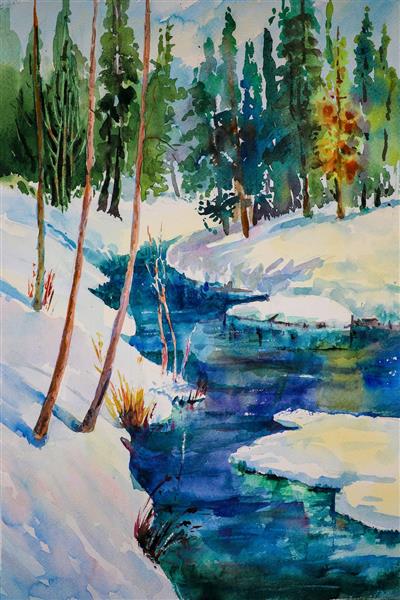 زمستان نقاشی رود در میان برف ها