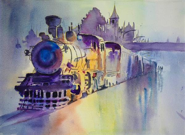 قطار نقاشی آبرنگ قطار قدیمی