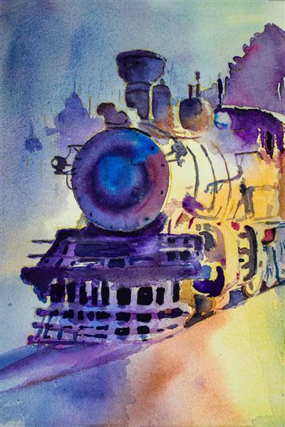 نقاشی آبرنگ از قطار قدیمی و شهر